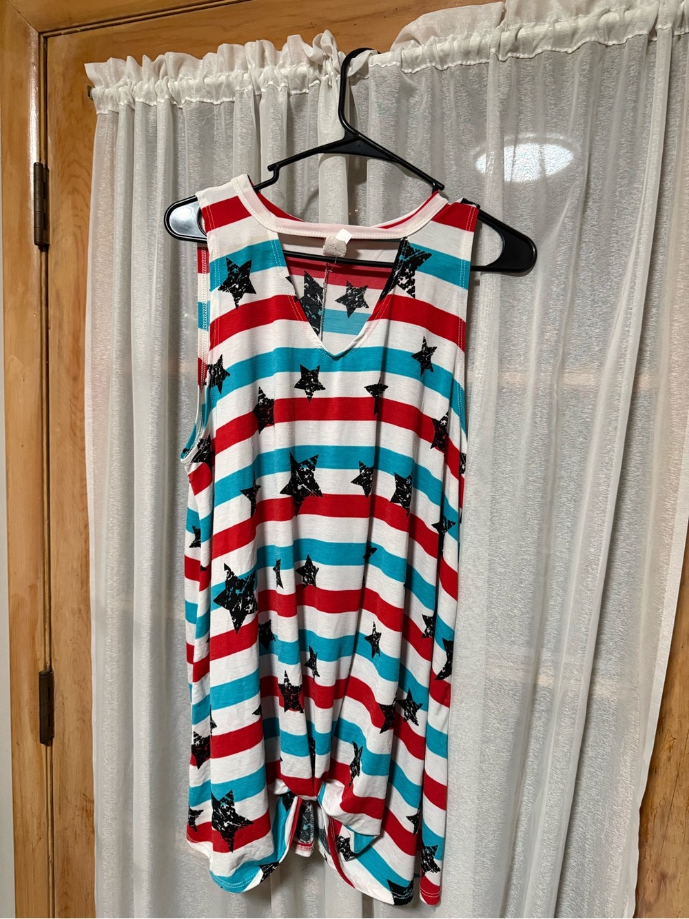 Lovely J 1XL Red White Turquoise Star Stripe Top